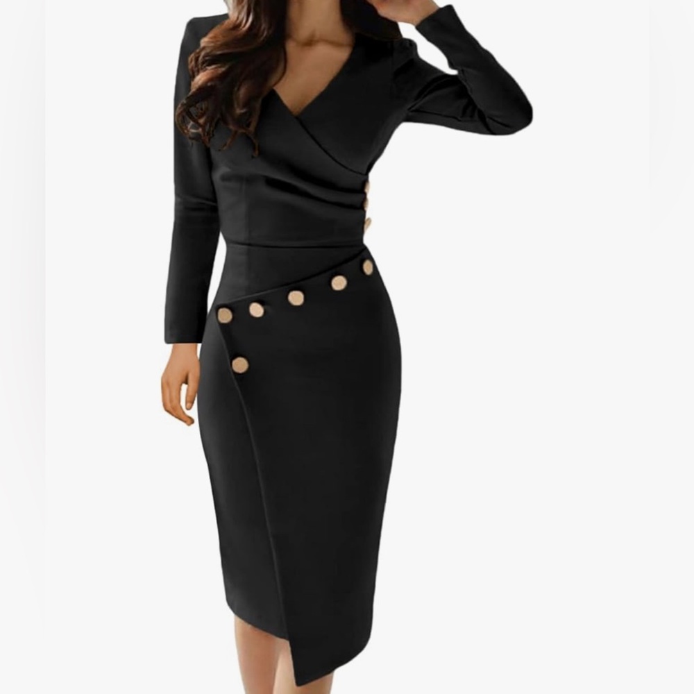 Lrady Women's Deep V Neck Casual Work Bodycon Cocktail Party Pencil Midi Dress